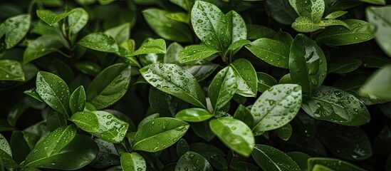 A detailed view of a bush with lush green leaves, glistening with freshness after a recent rainfall. The leaves stand out against a blurred background, showcasing their vibrant color and texture.