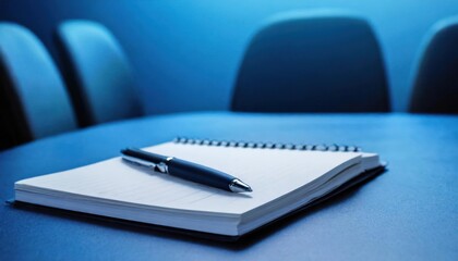 Notepad on a table with pen before meeting, blue tone, business concept with copy space 