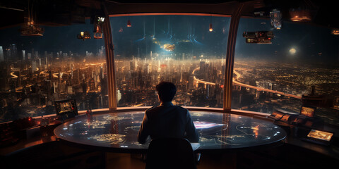 Pilot in spaceship control room