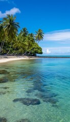 Tropical beach with palm trees and serene lagoon, exotic island getaway, tranquil blue waters