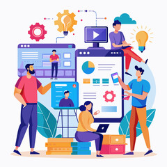 the web design and mobile app design process concept with designer and business developer team collaboration working concept