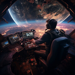 Pilot in spaceship control room - obrazy, fototapety, plakaty