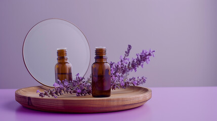Lavender essential oil in a glass bottle on a wooden tray on a purple background.