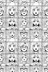 Black vector seamless pattern with anime face emotion, illustration manga set. Hand-drawn art for t-shirts, helmets, cars, and wallpapers. concept graphic design element. Isolated on white background