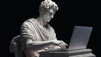 Antique statue of a man holding a computer. Male Classic Greek and Roman statue with modern gadgets