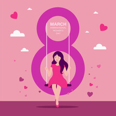 International women's day. Girl on a swing. Greeting card. Flat vector illustration