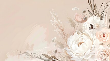 Modern beige and blush trendy vector design banner. Pastel pampas grass, fern, white peony, pale magnolia, ranunculus, pink rose. Watercolor brush texture.Wedding boho card. Isolated. Generative Ai