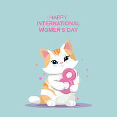 International women's day. The cat holds the number 8 in its paws. Greeting card. Flat vector illustration