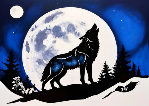 Portrait of a howling wolf illustration typically depicts a wolf with its head tilted up towards the moon background image