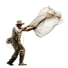 Fisherman casting a net - isolated on a white background 