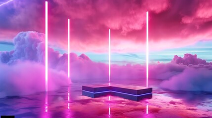 Natural beauty podium backdrop for product display with dreamy clouds and neon lights backdrop. Romantic 3d sea view scene. Generative Ai