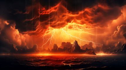 Stormy landscape with gray clouds and orange lightnings