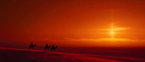 Fototapeta na wymiar Beautiful Vast desert with silhouette of camel across the Dunes. starry sky. copy space. for Ramadan banner. presentation.