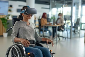 Down Syndrome or sick person Disabled person in a wheelchair with virtual reality at modern office with coworkers