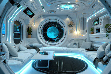 Futuristic interior of a spaceship with a large window in the middle of the room overlooking deep space