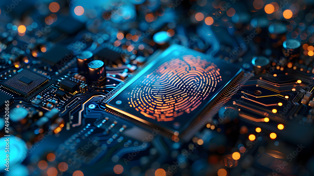 Poster digital fingerprint on motherboard backgrounds, digital security and access concepts