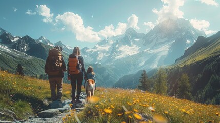 Parents, their daughter and dog near car in mountains, space for text. - Powered by Adobe