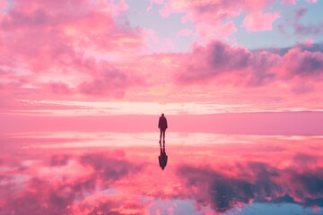 a person standing on a reflective surface with pink clouds in the sky