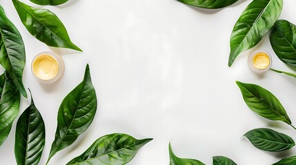 Natural cosmetics and green leaves over white background. Flat lay composition with cosmetic products. Space for text. Generative Ai