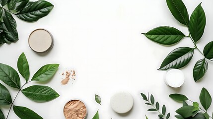 Natural cosmetics and green leaves over white background. Flat lay composition with cosmetic products. Space for text. Generative Ai