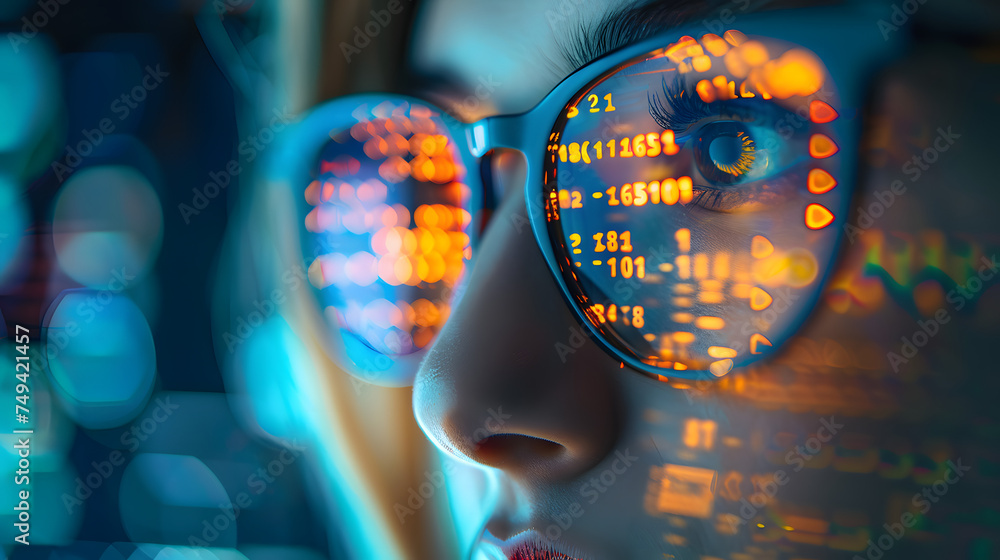 Poster data reflecting on eyeglasses on woman's face. computrer programmer big data and ux designer concept