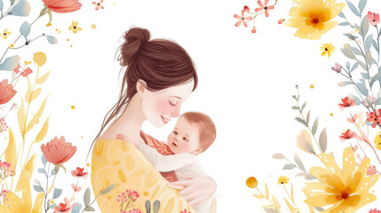 Obraz na płótnie Canvas Watercolor illustration of happy mother and child, bright floral background. Mother's Day concept. Place for text