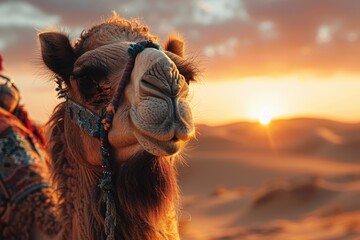 Close-up portrait of a camel on a desert background