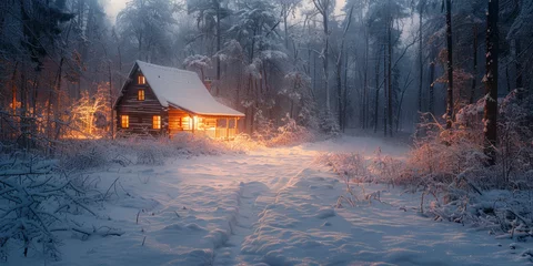 Foto auf Acrylglas Cozy cabin illuminated by a light in the snowy forest surrounded by tall trees and winter wonderland scenery © SHOTPRIME STUDIO