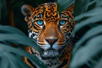 Portrait of a jaguar among tropical trees of wildlife