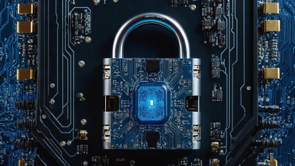 Fototapeta premium Cybersecurity concept, giant hologram lock, cybersecurity, human android robot, artificial intelligence, digital threat, computer virus, secure data concept, hacker, hack attack