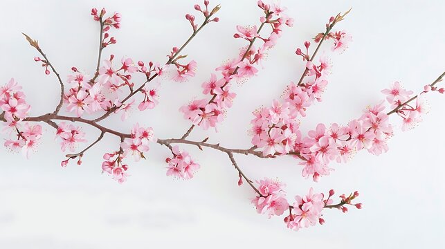 Pink cherry blossom on white background, isolated Sakura tree branch. Generative Ai