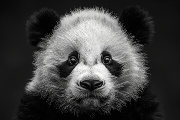Black and white photo portrait of a panda