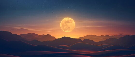 Beautiful valley on Vast desert with super moon at dusk or twilight. copy space. for Ramadan banner. presentation.