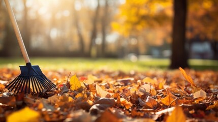Collecting, Raking, cleaning fallen leaves from the lawn on the lawn with a broom, Rake in the park on a sunny day. Autumn Horizontal Background with copy space.