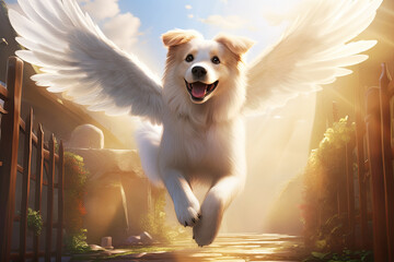 A dog's soul, shimmering in white, leaps joyfully towards a canine angel, who wags its tail by the pearly gates