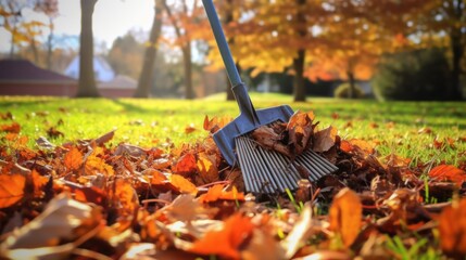 Collecting, cleaning fallen leaves from the lawn on the lawn with a broom, a rake in the autumn park.