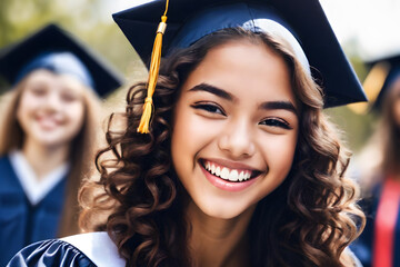 Beautiful smile woman mouth. Smiling young woman with long curly hair graduating student celebrating Graduation. School graduation - 749422898