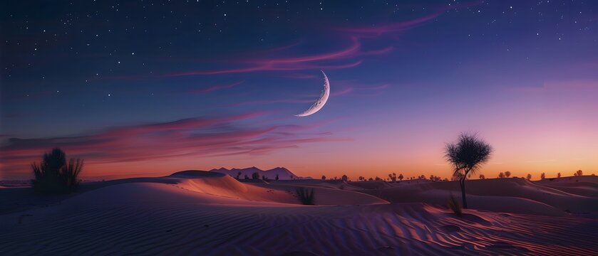 Dusk Vast desert with crescent. copy space. for Ramadan banner. presentation.	