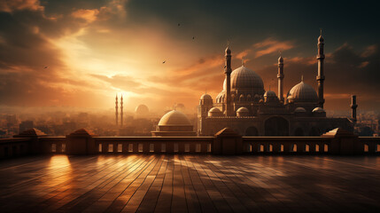 mosque at sunset, ramadan and eid background