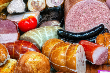 Various sausages, hams and gammon on the counter of butcher shop. Sausages products close-up.