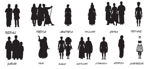 set of silhouettes of people traditional dress - obrazy, fototapety, plakaty