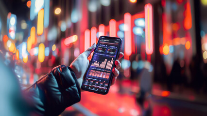 A hand holding a smartphone displaying stock market charts against a vivid city lights background at night.