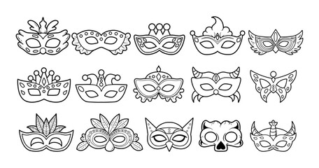 Various carnival mask outline sketch vector illustration set