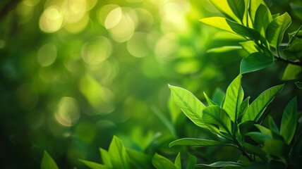 Fototapeta na wymiar Close-up image highlighting the vibrant green leaves bathed in the soft glow of natural sunlight, depicting freshness and growth.