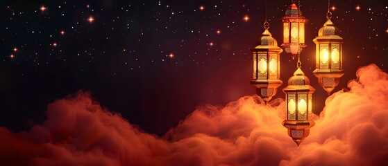 Fototapeta na wymiar Islamic lantern for Ramadan on cloudy background. Decorative Eid Mubarak Banner design, flyer. copy space. mockup. 
