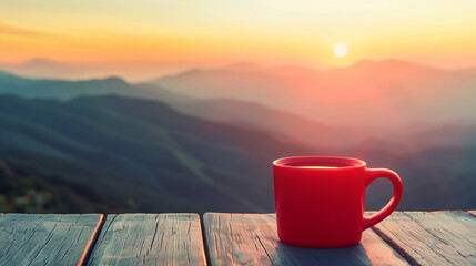 Cup of coffee on the top of the mountain with beautiful sunrise - obrazy, fototapety, plakaty