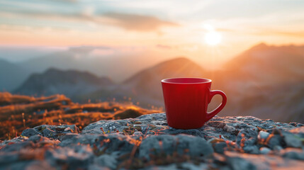 Cup of coffee on the top of the mountain with beautiful sunrise - obrazy, fototapety, plakaty