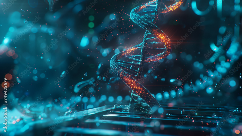 Poster a visually striking representation of a dna double helix, illuminated and enhanced with digital art 