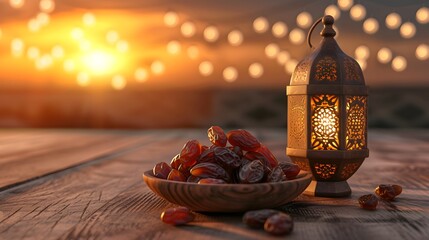 Lantern with a bowl of dried dates on wooden desk, isolated on blurred background. Muslim iftar of the holy Ramadan Kareem month. copy space. 