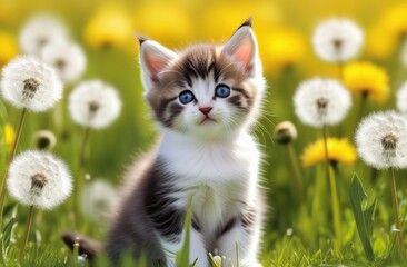 A small fluffy funny kitten enjoys on a spring summer meadow among dandelion flowers. Postcard banner spring time